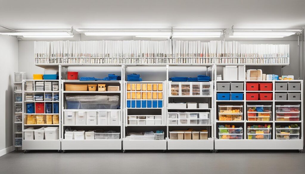 Storage container filled with neatly stacked boxes and shelves