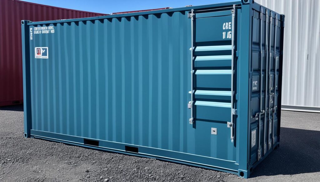 A shipping container with a side garage door installation