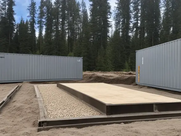 A shipping container resting on top of a sturdy concrete foundation