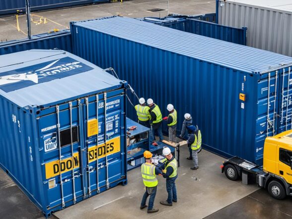 An aerial view of a shipping container with a side garage door being installed The container is placed on a flat surface and the installation process is being carried out with the help of a crane