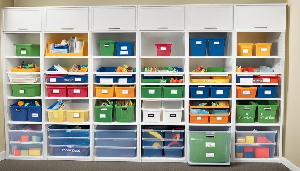 Storage container filled with neatly stacked boxes and labeled bins